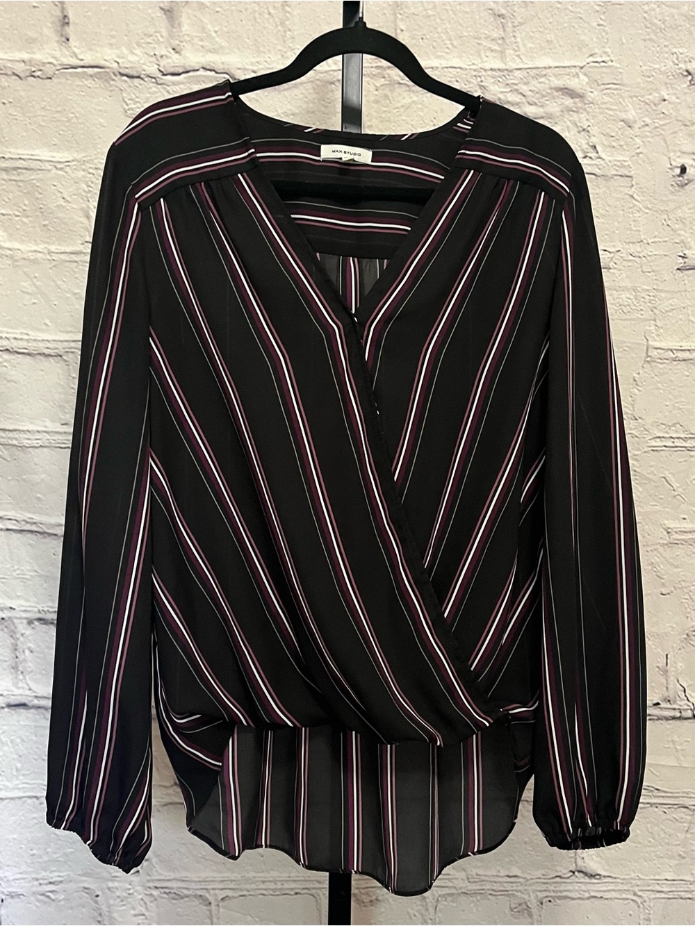 Max Studio Black, Purple, White Striped Surplice Long-Sleeve Blouse